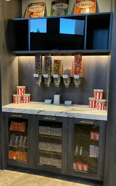 Movie Room Snack Bar, Theater Room Ideas On A Budget, Home Theater Snack Bar, Home Movie Theater Room, Media Room Ideas, Transitional Open Concept, Theatre Room Ideas, Home Theater Ideas, Design Center Showroom