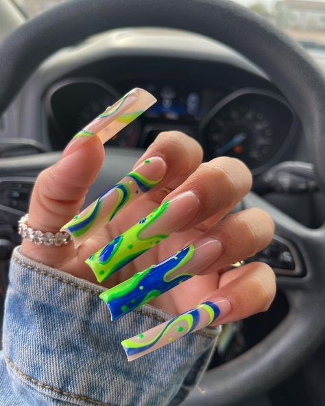 Blue Lime Green Nails, Long Exotic Nail Designs, Nail 2023 Summer, 21 Nails, Exotic Nail Designs, Lime Green Nails, Nail 2023, Cruise Nails, Nail Appointment