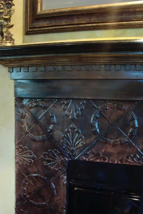 Tin Tile Fireplace, Fireplace Resurfacing, Covered Fireplace, Tv Snug, Wood Stove Surround, Remodel Fireplace, Fireplace Makeovers, Fireplace Brick, Country Fireplace