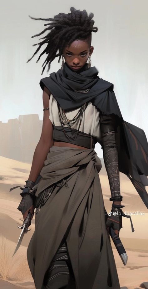 Futuristic Desert Fashion, Nomad Character Design, African Female Warrior, Desert Fits, Warriors Illustration, Post Human, Viking Women, Black Comics, Female Fighter