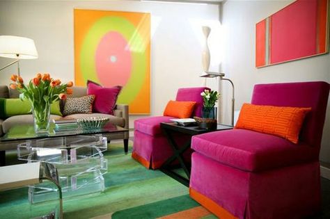 Split Complementary Color Scheme. This room uses different shades of pink, orange, and green to create a split complementary interior space. Double Complementary Colors, Triad Color Scheme, Colour Blocking Interior, Split Complementary Color Scheme, Split Complementary, Split Complementary Colors, Complimentary Color Scheme, Colourful Living Room, Bedroom Color Schemes