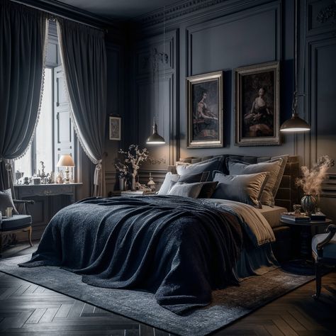 Dark Bedroom Aesthetic🖤🖤 Dark Blue Moody Bedroom, Cool Master Bedrooms, Dark Romance Bedroom, Dark Vintage Bedroom, Seductive Bedroom Ideas Romantic, Dark Grey Bedroom Ideas, Dark Victorian Bedroom, Dark Luxury Bedroom, Dark Aesthetic Bedroom