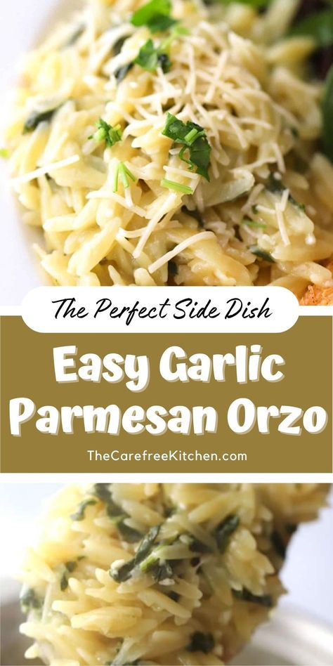 Creamy Garlic Orzo Recipes, Garlic Parmesan Orzo Recipe, Garlic Parm Orzo, Crock Pot Orzo, Orzo Crockpot Recipes, Orzo Side Dish Recipes, Creamy Garlic Orzo, Garlic Parmesan Orzo, Orzo Recipes Side