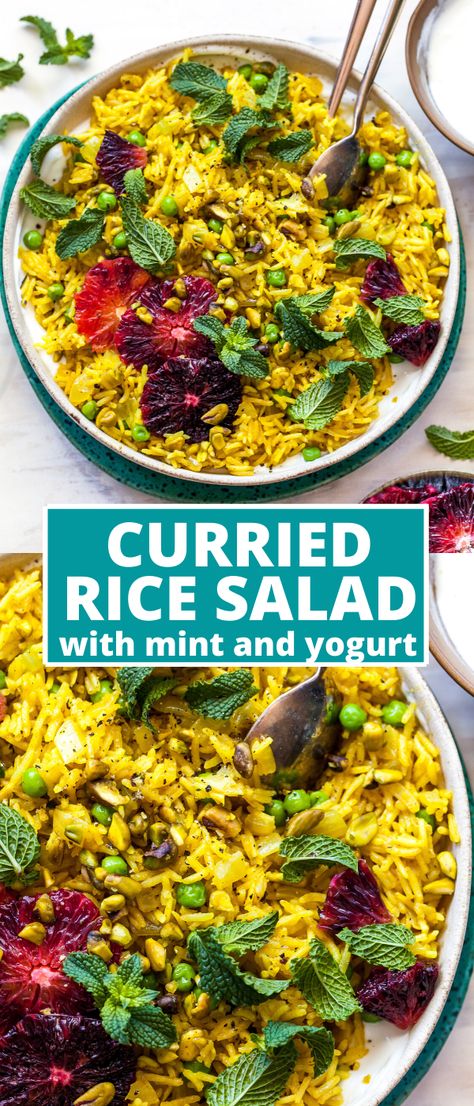 Curried Rice Salad with mint, orange, and yogurt comes together in just 30 minutes. Enjoy this easy rice as an entree or goes-with-everything side. #ricesalad #ricecurry #curryrecipeseasy #saladrecipes #ricerecipes #30minutemeals Indian Rice Salad, Summer Rice Salad Recipes, Rice Salad Recipes Easy, Rice Salads Summer, Curried Salad, Rice Salad Cold, Curried Rice Salad, Sport Snacks, Vegan Paella