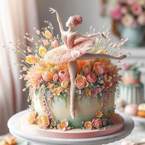 Ballerina Birthday Cake, Fantasy Cakes, Ballet Cakes, Unique Cakes Designs, Dance Cakes, Ballerina Cake, Vintage Birthday Cakes, Cake With Flowers, Ballerina Cakes