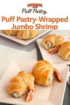 Pepperidge Farm Puff Pastry-Wrapped Jumbo Shrimp Recipe. Want to impress your guests?  Then whip up a batch of  these delectable Puff-Pastry wrapped shrimp stuffed with a mix of cheese, bacon and parsley.  They're superb! Puff Pastry Shrimp Appetizers, Shrimp In Puff Pastry, Shrimp Puff Pastry Recipes, Shrimp Puff Pastry, Shrimp Puffs, Jumbo Shrimp Recipes, Puff Pastry Recipes Savory, Wrapped Shrimp, Shrimp Stuffed