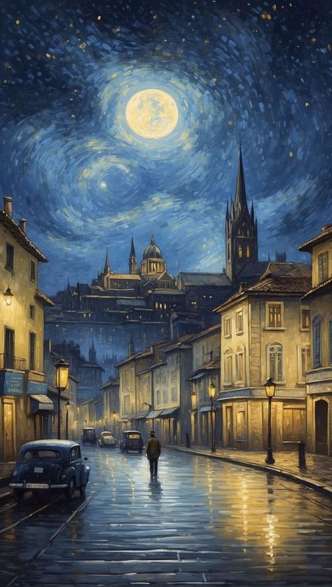 Under the watchful gaze of a luminous full moon, a European cobblestone street, kissed by recent rain, reflects the golden glimmers of street lights. A solitary figure walks into the night, their shadow stretching long and their journey a tale untold. The warmth of the historic buildings contrasts the cool blue of the swirling night sky, creating a harmonious blend of color, light, and mystery. This timeless scene whispers the poetry of the night to every dreamer's heart. 🌕✨🌃 Scene Whispers, Night Time Art, Vintage Scenery, Rain Street, Cobblestone Street, Road Painting, Moonlight Painting, Moonlight Sonata, Paris Painting