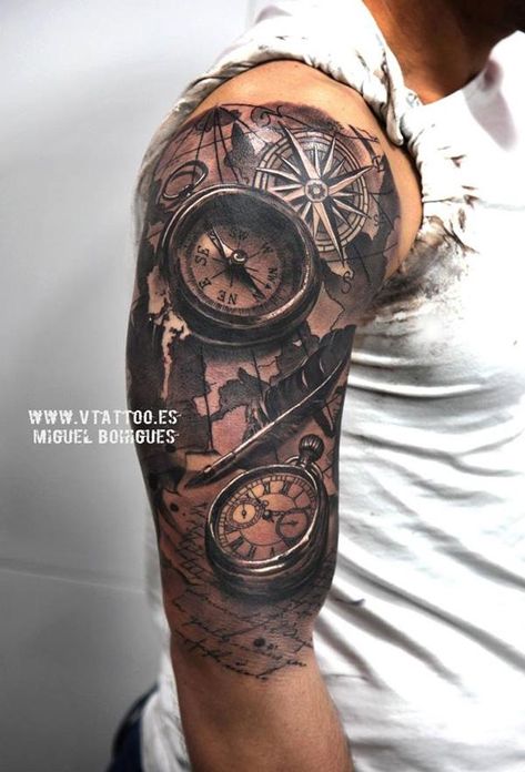 100 Awesome Compass Tattoo Designs | Cuded Cool Half Sleeve Tattoos, Tattoo Themes, Compass Tattoo Design, Map Tattoos, Biomechanical Tattoo, Nautical Tattoo, Geniale Tattoos, Full Sleeve Tattoos, Arrow Tattoos