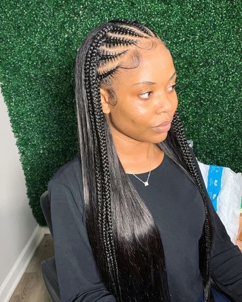 Braids With Sow In, Braids To The Scalp With Weave, Cornrows In Front Sew In Back, Braided In The Front Straight In The Back, Braid With Hair Out In The Back, Straight Back Weave Hairstyles, Straight Hair And Braid Hairstyles, 4 Braids In The Front With Hair Down, Feed In Weave Hairstyles