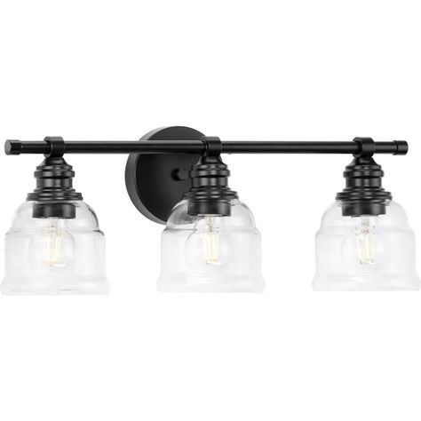 Progress Lighting Ambrose 4.75 in. 3-Light Matte Black with Clear Glass Shades New Traditional Bath Vanity Light P300375-31M Farmhouse Vanity Lights, Farmhouse Vanity, Traditional Baths, Vintage Details, Farmhouse Vintage, New Traditional, Progress Lighting, Bath Light, Bath Vanity Lighting