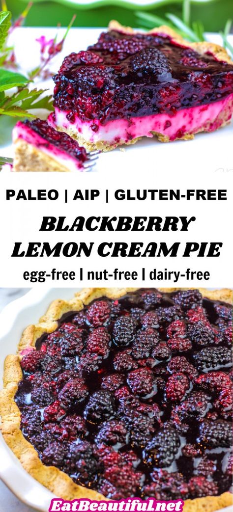 Aip Pie, Gluten Free Pie Recipes, Paleo Pie Recipes, Gluten Free Pies Recipes, Cream Desserts Recipes, Paleo Pie, Lemon Cream Pie, Blackberry Lemon, Eat Beautiful