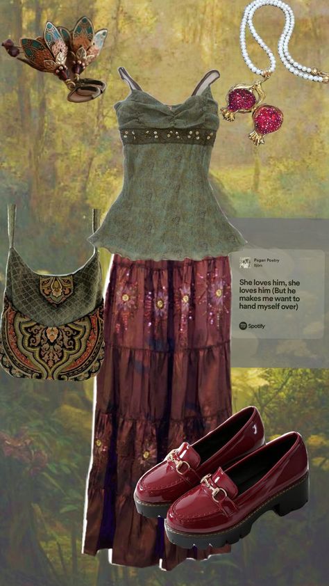 Persephone inspired outfit⚘️ #outfit #outfitinspo #persephone #mythology Persephone Inspired Outfit, Persephone Aesthetic Outfit, Persephone Outfit, Persephone Mythology, Persephone Aesthetic, Greek Party, Descendants Dr, Dti Ideas, Halloween Vibes