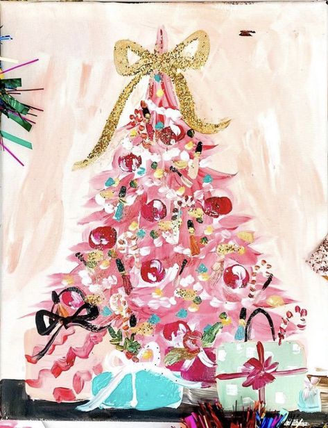 Pink Christmas Painting, Xmas Widgets, Drawing Ballerina, Nutcracker Dance, Barbie Christmas Tree, Painted Christmas Tree, Christmas Card Illustration, Girly Christmas, A Pink Christmas