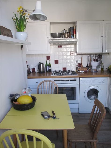 Nina’s Lovely North London Flat | Apartment Therapy Washing Machine In Kitchen Small Spaces, Rusty Decor, Victorian Flat, Tiny Kitchens, Flat House, Cosy Kitchen, Kitchen Hanging, London Kitchen, Yellow Table