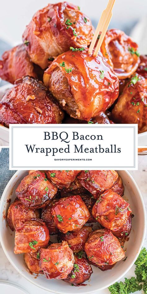 Tender, juicy homemade meatballs wrapped in crispy bacon and slathered in your favorite BBQ sauce. Great appetizer or side! Wrapped Meatballs, Bacon Wrapped Meatballs, Party Food Easy Appetizers, Best Beef Recipes, Appetizer Meatballs, Beef Bacon, Bbq Bacon, Beef Meatballs, Homemade Meatballs