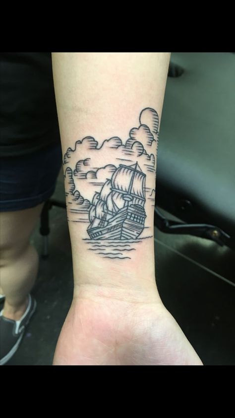 Rough Seas Tattoo, Tiny Ship Tattoo, Sinking Ship Tattoo, Shipwreck Tattoo, Tattoo Ship, Ship Tattoos, Pirate Ship Tattoo, Wanderlust Tattoo, Woodcut Tattoo