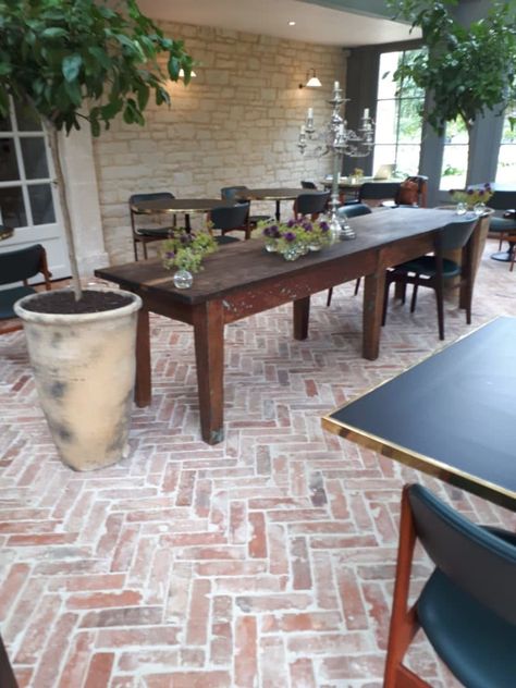 Herringbone tile pattern ideas - Lubelska Tile On Concrete Patio, Herringbone Tile Pattern, Backyard Landscapes, Casa Hobbit, Bali Garden, Brick Floor, Antique Brick, Succulent Landscaping, Brick Tile