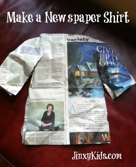 Newspaper Shirts – An Easy, Fun and Silly Craft Project! Trashion Ideas, Recycled Fashion For Kids, Newspaper Clothes, Newspaper Shirt, Newspaper Hat, Paper Shirt, Shirt Craft, Party Activities Kids, Boredom Busters For Kids