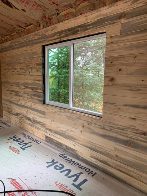 Tongue and groove blue pine walls Tung And Groove Walls, Blue Pine Walls, Log Home Kitchen, Beetle Kill Pine, Tongue And Groove Walls, Cabin Getaway, Three Season Porch, Tongue And Groove Ceiling, Cabin Living Room