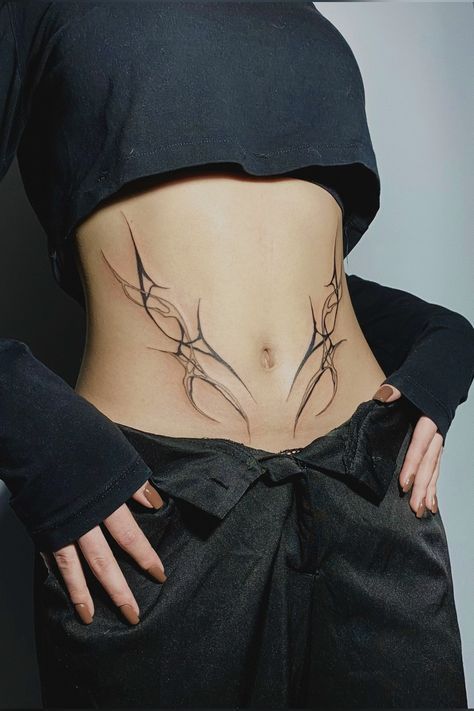 Cute Elegant Tattoos, Hip Tattoos Women Symmetrical, Stomach Hip Tattoos Women, Cybersigilism Hip Tattoo, Low Abdomen Tattoo Women, Hot Back Tattoos, Cute Sternum Tattoo Women, Cybersigilism Tramp Stamp, Waist Tattoo Ideas