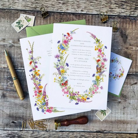 Wildflower Wedding Invitations, Spring Wedding Flowers, Flower Wedding Invitation, Luxury Card, Wedding Timeline, Wildflower Wedding, Colored Envelopes, Illustrated Map, Envelope Liners