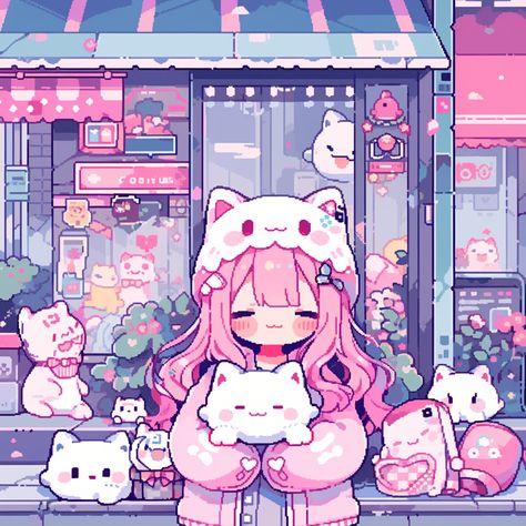 Kawaii Pixel Art, Kitty Girl, Pink Planner, Cute Laptop Wallpaper, Kawaii Illustration, Pixel Art Design, Cute Games, Cute Anime Profile Pictures, Anime Artwork Wallpaper