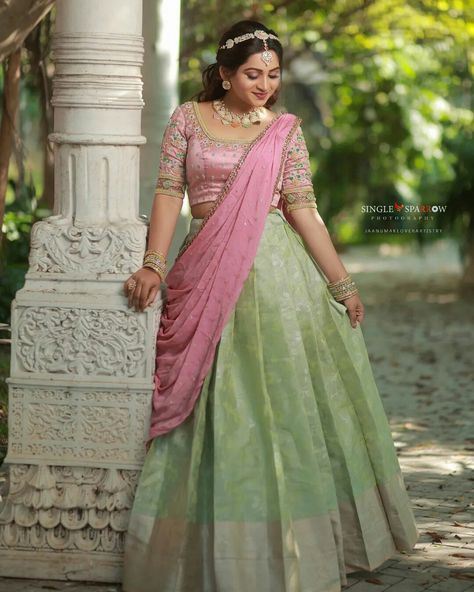 Lehanga Colours Combination, Dhavani Colour Combination, Half Saree Belt Designs, Pink Green Half Saree, Pastel Colour Half Sarees, Pastel Half Sarees, Pastel Green Combination Outfit, Light Green Lehenga Color Combos, Pastel Green Lehenga Combinations