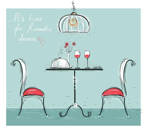 Romantic dinner sketchy color illustration on white. vector illustration Chairs Illustration, Dinner With Kids, Table And Two Chairs, Dinner For 2, Romantic Dinner For Two, Two Lovers, Valentines Day Dinner, Color Illustration, Romantic Dinner