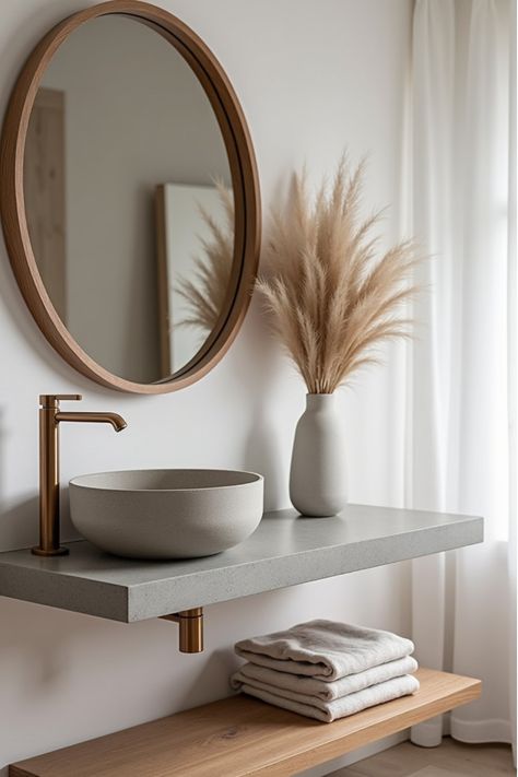 Scandinavian bathroom vanity with concrete countertop and wood-framed mirror Scandinavian Bathroom Vanity, Nordic Bathroom Scandinavian Style, Bathroom Design On A Budget, Bathroom Scandinavian Style, Scandinavian Vanity, Nordic Style Bathroom, Wooden Vanity Unit, Scandinavian Bathroom Design, Minimalist Vanity