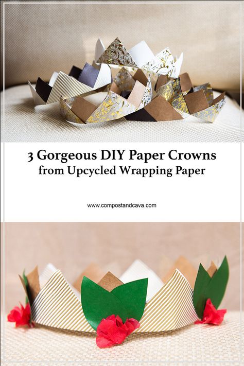 DIY Paper Crowns Made From Upcycled Gift Wrap and Wrapping Paper for Zero Waste New Years Eve Wrapping Paper Diy, Wrapping Paper Crafts, Eco Friendly Holiday, Eco Friendly Gift Wrapping, Crown For Kids, Upcycled Gifts, Diy Crown, Paper Crowns, Leaf Template