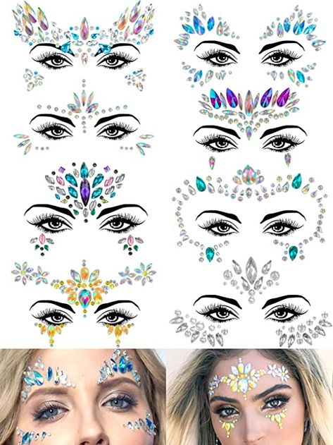 Amazon.com : Warmfits 8 Sets Face Gems Mermaid Face Jewels Stick On Crystal Rhinestone Rave Festival Face Gemstones Stickers - Rainbow Tears Gem Stones Face Temporary Tattoos Stickers for Festival Holiday Costumes : Beauty & Personal Care Face Crystals Make Up, Crystals On Face, Gem Face Designs, Gem Stone Makeup Rhinestones, Gem Face Makeup, Make Up With Stones, Face Gems Simple, Gem Stone Makeup, Gems On Face