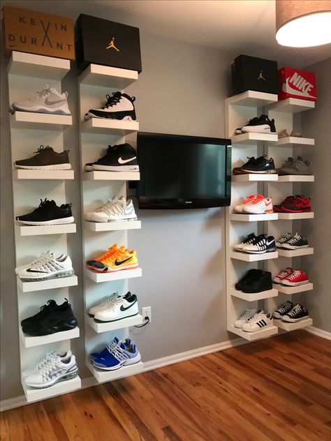 DIY shoe display using IKEA lack shelves Rak Sepatu Diy, Shoes Room, Sneaker Room, Ikea Lack Shelves, Sneakerhead Room, Design Ložnic, Hypebeast Room, Teenage Boy Room, Diy Shoe Storage