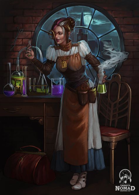 Mad Scientist by 6Nereida6 Potion Maker Character Design, Moon Potion, Potion Maker, Steampunk Characters, Heroic Fantasy, City Night, Steampunk Art, Urban City, Mad Scientist