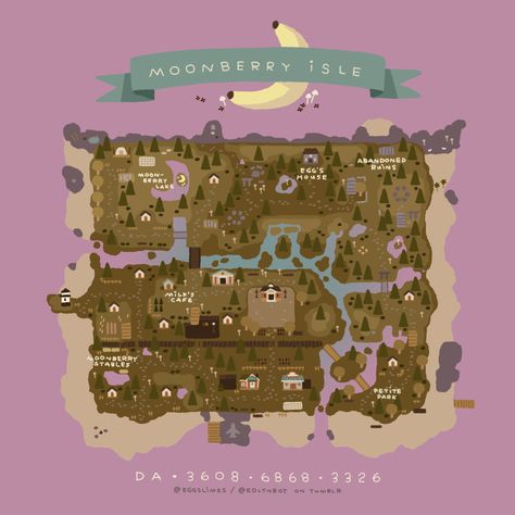 A map of Moonberry Isle with the dream address to visit. DA 3608 6868 3326 Kawaii Island, Dream Address, Rainy Autumn, Autumn Afternoon, Map Layout, Whimsical Art Journal, Animal Crossing Guide, Animal Crossing Wild World, Island Theme