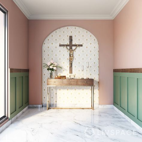 Livspace Brings You Glorious Altar Designs Wall Altar Ideas Catholic, Modern Altar, Pink Painted Walls, Home Altar Catholic, Family Altar, Prayer Room Ideas, Wooden Panelling, Catholic Altar, Altar Design