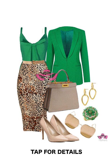 Green And Gold Outfit Classy, Green And Beige Outfit, Green And Gold Outfit, Classy Blazer Outfits, Animal Print Midi Skirt, Vestidos Animal Print, Beige Tote Bag, Leopard Outfits, Beige Tote