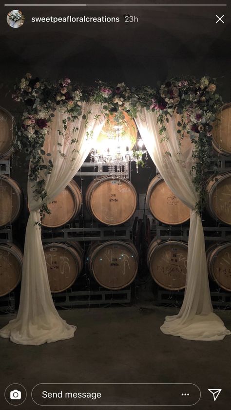 Beautiful indoor barrel room ceremony at Falkner Winery Barrel Room Wedding, Wine Cellar Wedding, Winery Decor, Dinner Design, Winery Engagement, Bride To Bee, Bride Era, Winery Event, Country Wedding Photos