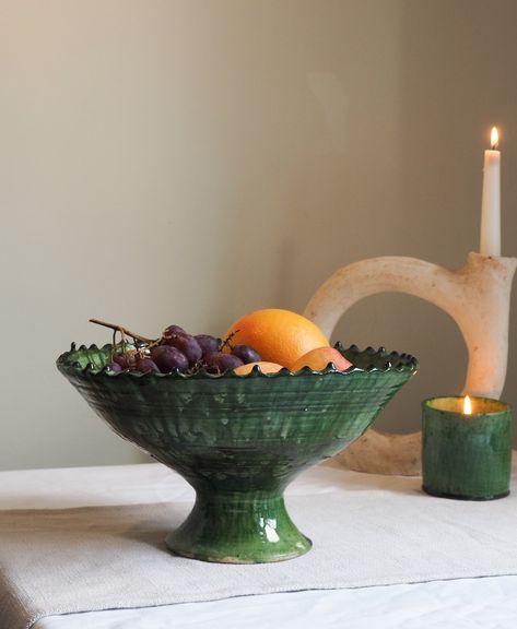 Moroccan Vintage Tamegroute Waterfall Green Glazed Jagged Edge - Etsy Tamegroute Pottery, Pedestal Fruit Bowl, Oak Stool, Jagged Edge, Wood Fired Oven, Coffee Station, Fruit Bowl, The Sunshine, Handmade Ceramic