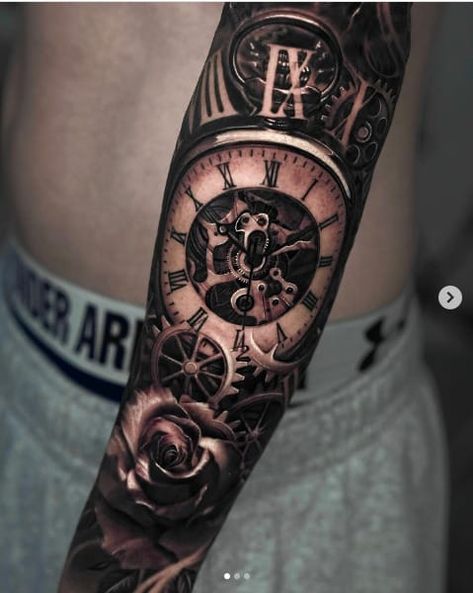 Rose, Clock, Jigsaw Gear Tattoo Pocket Watch With Roses Tattoo Design, Mechanical Clock Tattoo Design, Clock Face Tattoo, Gears Tattoo, Peter Tattoo, Tattoos On Hands, Time Piece Tattoo, Clock Tattoo Sleeve, Clock And Rose Tattoo