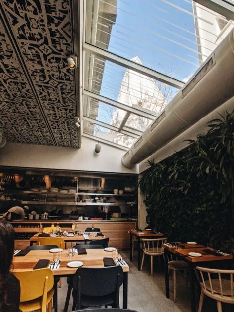 Mashya restaurant Tel Aviv #restaurant #decor #design #sunroof #telaviv Sunroof House, Steakhouse Restaurant Design, Roof Restaurant, Steakhouse Restaurant, Glass House Design, Wall Detail, Sun Roof, Cafe Interior Design, Glass Roof