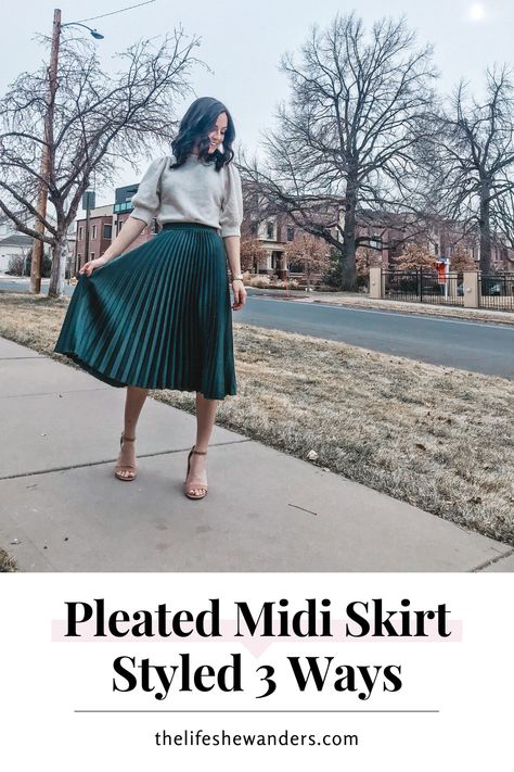 Satin Pleated Midi Skirt Outfits, Styling Black Pleated Midi Skirt, Green Pleated Skirt Outfit Christmas, Velvet Green Skirt, High Waist Pleated Skirt Outfit, Jcrew Pleated Midi Skirt, Green Velvet Pleated Skirt Outfit, Dark Green Pleated Skirt Outfit, Pleated Silk Skirt