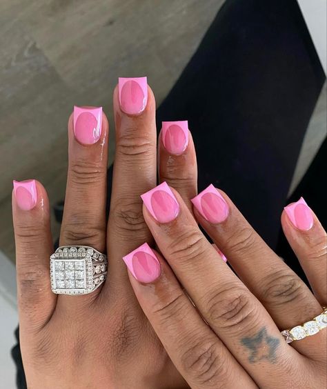 Pink Acrylic Overlay Natural Nails, Pink On Pink French Tip Nails, Short Pink French Nails, Pink Short Nails Acrylic, Pink And White French Tip, Short Pink Nails, Poppin Nails, Pink French Nails, Overlay Nails