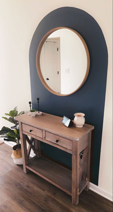 Painted Arch in Benjamin Moore’s Hale Navy Navy Arch Wall, Entry Way With Round Mirror, Arch Wall Entryway, Painted Arch Mirror, Painted Arch Hallway, Paint Arch Mirror, Painted Arch With Mirror, Painted Arch In Bathroom, Tiny Accent Wall