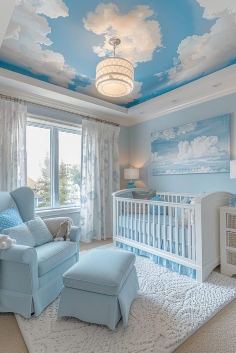 29 Nursery Room Ideas for a Girl: Sweet and Stylish Designs 11 Coastal Nursery Ideas, Nursery Room Ideas, Sky Nursery, Coastal Nursery, Babies Fashion, Coastal Birds, Baby Boy Bedroom, Clouds Nursery, Baby Room Themes