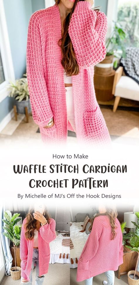 Waffle Stitch Cardigan Crochet Pattern By Michelle of MJ’s Off the Hook Designs. The waffle stitch tutorial is so fun to crochet and it looks great in any color! This cardigan is so easy to make and you will love wearing it. Waffle Cardigan Crochet Pattern, Waterfall Cardigan Crochet Pattern, Waffle Stitch Crochet Cardigan, Crochet Waffle Stitch Cardigan, Velvet Cardigan Crochet Pattern, Waffle Stitch Cardigan, Crochet Pattern Long Cardigan, Easy Crochet Duster Pattern Free, Crochet Waffle Stitch Sweater