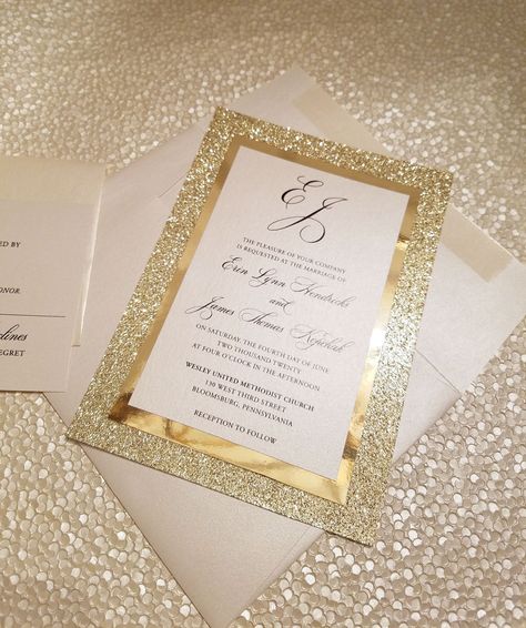 "Beautiful gold glitter and gold mirror layered invitation is classic, timeless and stunning!  The invitation is three layers.  The back layer is gold glitter, the middle layer is gold mirror paper and the top, printed layer is ivory shimmer which has a subtle metallic quality to it.  We are showing our invitation printed with black ink but we would be more than happy to customize the color to fit your needs.  Gold not your color?  Other colors are available for the glitter and mirror papers. Ea Luxe Wedding Invitations, Glitter Wallpaper Iphone, Gold Glitter Wedding, Glitter Wedding Invitations, Etsy Wedding Invitations, Glitter Wedding, Gold Invitations, Fun Wedding Invitations, Gold Wedding Invitations