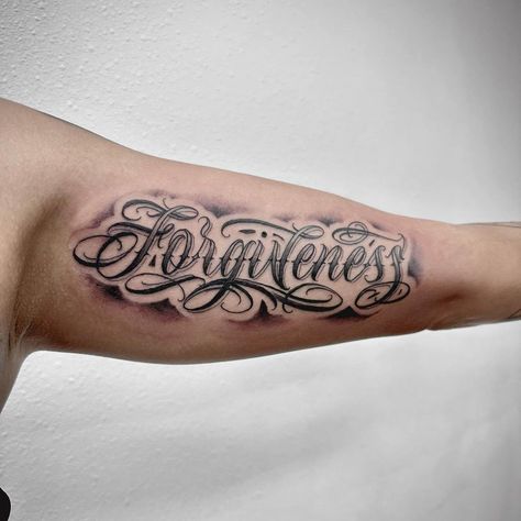 𝓕𝓸𝓻𝓰𝓲𝓿𝓮𝓷𝓮𝓼𝓼 • • • #letteringtattoo #chicanoarte #blackandgreytattoo #scripttattoo #customlettering #denvertattoo #denvertattooartist | Instagram Forgive Tattoo, Forgiveness Tattoo, Tattoo Script, October 10, Tattoo Lettering, Black And Grey Tattoos, Arm Tattoo, Tattoos For Guys, Illustrations