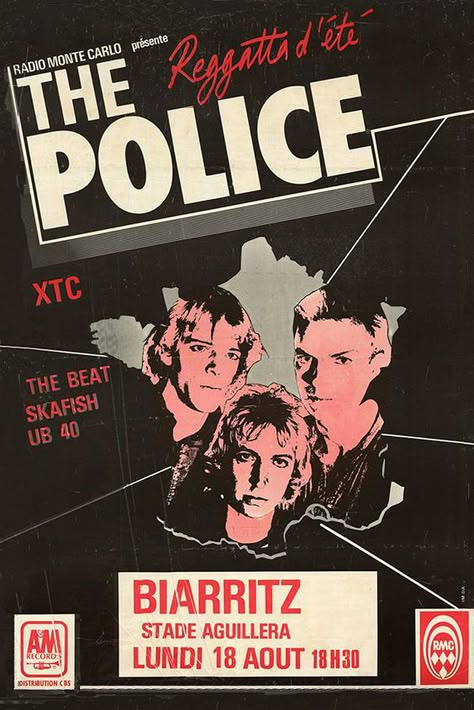 The Police 1979 Biaritz Punk Fliers, Rockstar Design, Police Poster, Concert Poster Art, Vintage Concert Posters, Music Concert Posters, Rock Band Posters, Vintage Music Posters, Rock Vintage