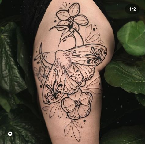 Bogong Moth Tattoo, Moth Hip Tattoo, Moth Tattoo Thigh, Fine Line Moth Tattoo, Moth Leg Tattoo, Floral Moth Tattoo, Moth Chest Tattoo, Fineline Tattoo Ideas, New Tattoo Styles