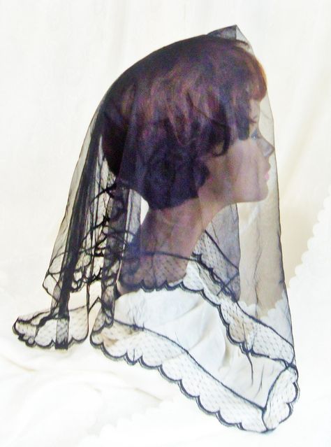 Chapel Head Covering Mantilla, Sheer Mesh & Lace Black Mourning Scarf Funeral Gothic Wedding Accessory https://www.etsy.com/listing/243066063/chapel-head-covering-mantilla-sheer-mesh?ref=shop_home_active_4 Gothic Scarf, Goth Glamour, Sheer Veil, Ladies Head Scarf, Victorian Hairstyles, Head Coverings, Prom 2024, Twelfth Night, Wedding Accessory